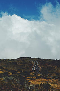 clouds, hill, road, travel, cloud - sky, sky, beauty in nature, scenics - nature, nature, environment, tranquility, mountain, landscape, no people, tranquil scene, non-urban scene, transportation, day, land, curve, winding road, outdoors, plant, 2K, CC0, public domain, royalty free
