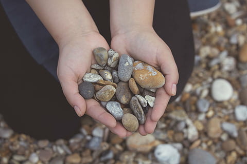 persona, detenzione, grigio, Marrone, ciottoli, pietre, rocce, mani, spiaggia, una persona, ciottolo, solo bambini, infanzia, solo una ragazza, abbondanza, parte del corpo umano, giorno, persone, grande gruppo di oggetti, mano umana, mano, cibo, mani a coppa, parte del corpo, stili di vita, persone reali, concentrarsi sulle conoscenze acquisite, cibo e bevande, finanza, vista dall'alto, pietra - oggetto, bambino, prole, arto umano, 1080P, CC0, dominio pubblico, privo di copyright