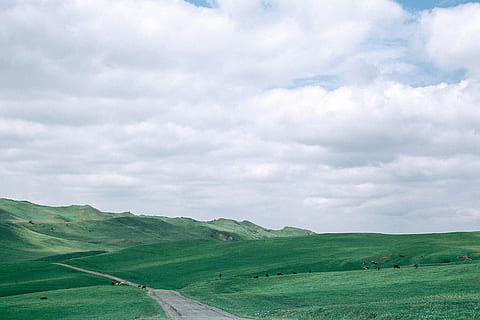 Foto, grøn, bakke, overskyet, hvid, himmel, græsfelt, vej, kundeemner, bjerge, Sky, Mark, almindeligt, græs, landevej, landskabet, landdistrikterne, landskab, vejr, tåget, 35mm, scene, miljø, sky - himmel, scenics - natur, grøn farve, landlige scene, jord, natur, skønhed i naturen, ikke-urbane scene, bjerg, ingen mennesker, plante, rolig scene, rejse, turisme, udendørs, forår, 2K, CC0, offentligt domæne, royaltyfrie