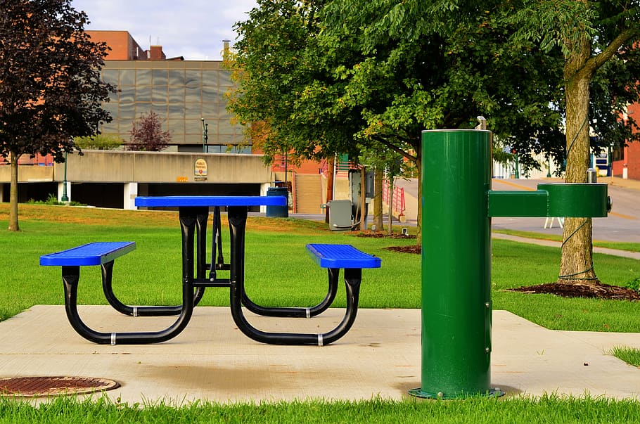 pícnic, taula, gràfic, blau, verd, modern, parc, mobles, a l'aire lliure, planta, arbre, color verd, naturalesa, herba, dia, cap gent, parc - l'home va fer espai, creixement, arquitectura, seient, absència, estructura construïda, metall, buit, llum solar, camp, equip de joc a l'aire lliure, 4K