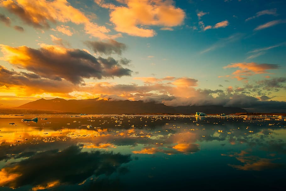 cos, aigua, daurat, hores, Islandia, cel, núvols, bonic, sortida del sol, posta de sol, fiord, llac, reflexions, muntanyes, naturalesa, a l'aire lliure, país, camp, remot, turisme, hdr, reflexió, escenics, color taronja, núvol - cel, escena tranquil·la, bellesa a la natura, escenics - natura, tranquil·litat, davant del mar, idíl·lic, cap gent, mar, cel dramàtic, escena no urbana, 1080P
