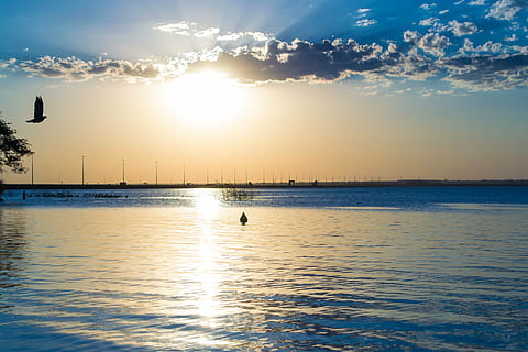 rio, núvols, sol, ocell, naturalesa, aigua, tarda, cel, posta de sol, reflexió, davant del mar, mar, escenics, bellesa a la natura, tranquil·litat, escenics - natura, llum solar, escena tranquil·la, núvol - cel, cap gent, idíl·lic, temes d'animals, animal, color taronja, a l'aire lliure, 4K, CC0, domini públic, lliure de regalies