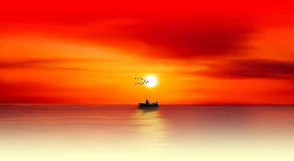 silhouette, person, boat, dusk painting, sunset, dawn, sun, dusk, evening, waters, sea, bright, sky, mood, yellow, boot, fischer, angler, red, atmospheric, birds, water, nautical vessel, orange color, transportation, scenics - nature, beauty in nature, cloud - sky, no people, horizon over water, reflection, dramatic sky, nature, mode of transportation, tranquil scene, tranquility, outdoors, 4K