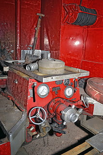 old, fire, engine, emergency, pump, red, metal, machinery, no people, industry, technology, equipment, machine part, day, indoors, high angle view, close-up, train - vehicle, train, rail transportation, safety, factory, accidents and disasters, connection, fire hose, 4K, CC0, public domain, royalty free