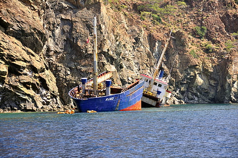 sea, a disaster, wreck, ship, shipwreck, water, wreck cove, ships, blue, the coast, scrap, the ship, rocks, turkey, rust, nautical vessel, transportation, mode of transportation, rock, rock - object, waterfront, day, solid, nature, moored, rock formation, no people, beauty in nature, outdoors, beach, tranquility, land, formation, fishing boat, anchored, 4K, CC0, public domain, royalty free
