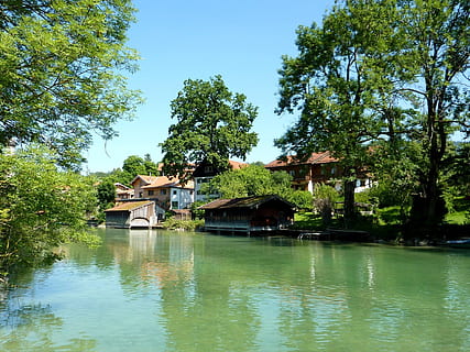 flod, Mangfall, bayern, træ, plante, bygget struktur, vand, arkitektur, bygning udvendig, havnefronten, sø, bygning, natur, himmel, ingen mennesker, afspejling, vækst, dag, hus, boligområde, ro, udendørs, 1080P, CC0, offentligt domæne, royaltyfrie