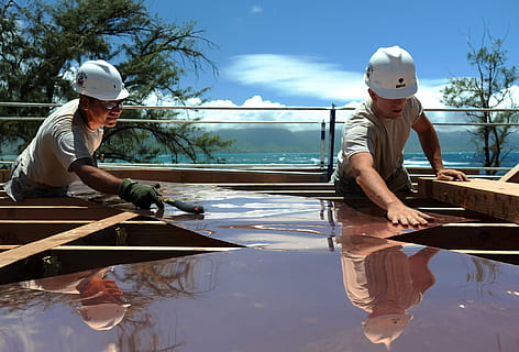 two, men, placing, brown, roof sheets, wooden, panel, spring, summer, sky, clouds, trees, working, construction, reflections, metal, workers, labor, outside, water, two people, childhood, males, child, females, reflection, day, nature, boys, hat, lake, women, togetherness, casual clothing, lifestyles, real people, outdoors, sister, 1080P, CC0, public domain, royalty free