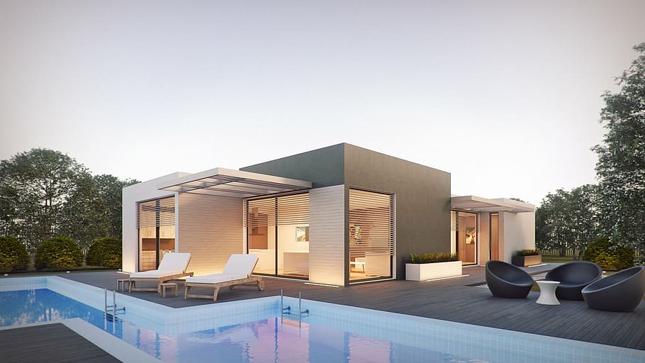 blanc, gris, concret, edifici, nedar, cau, arquitectura, render, extern, disseny, Photoshop, 3d, 3d màx, render de corona, piscina, casa modular, casa, casa prefabricada, modular, casa de vacances, gràfics, disseny extern, representació arquitectònica, post-producció, fotorrealista, espanya, Itàlia, modern, luxe, finestra, cap gent, a l'aire lliure, sòls, Propietari de la vivenda, barri residencial, riquesa, estructura construïda, cel, cadira, exterior de l'edifici, arbre, naturalesa, aigua, mobles, pati, estils de vida, cel clar, butaca, 1080P
