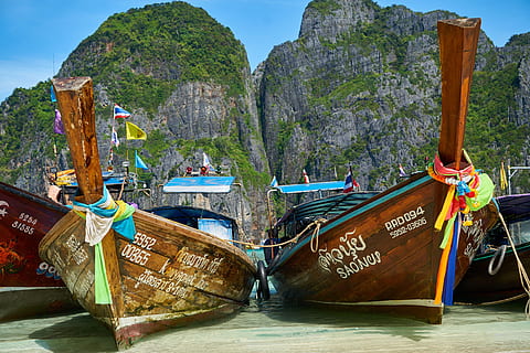 coast, Boats, Thailand, various, boat, nautical Vessel, cultures, asia, travel, travel Destinations, water, tourism, nature, outdoors, island, sea, beach, summer, vacations, day, no people, moored, transportation, mode of transportation, longtail boat, mountain, tree, text, rock formation, rock - object, incidental people, rock, waterfront, plant, formation, 4K