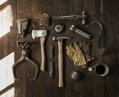 clothes iron, hammer, axe, flashlight, pitcher, brown, wooden, table, claw hammer, hatchet, tool, toolkit, collection, things, vintage, wood, box cutter, carpenter, iron, handyman, stuff, glofe, wood - material, work tool, hand tool, metal, indoors, still life, no people, equipment, choice, workshop, large group of objects, variation, high angle view, directly above, old, hanging, day, spanner, 5K, CC0, public domain, royalty free