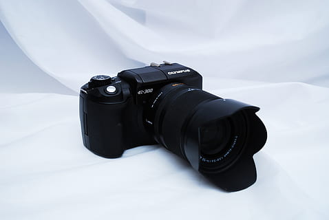 camera, lens, olympus, olympus e300, e300, camera - photographic equipment, photography themes, photographic equipment, technology, black color, lens - optical instrument, digital camera, slr camera, no people, white color, indoors, photographing, modern, still life, digital single-lens reflex camera, close-up, lens - eye, activity, day, 4K, CC0, public domain, royalty free