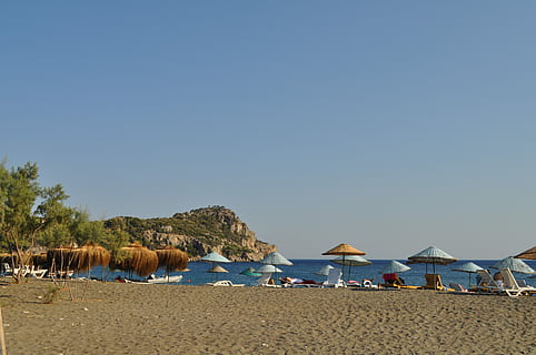 datca, platja, gall dindi, temes d'animals, sorra, animal, cel, gran grup d’animals, terra, aigua, mar, escenics - natura, cel clar, bellesa a la natura, tranquil·litat, naturalesa, blau, escena tranquil·la, dia, còpia espai, paraigua, festa, paraigua de platja, horitzó sobre l’aigua, cap gent, a l'aire lliure, 4K, CC0, domini públic, lliure de regalies