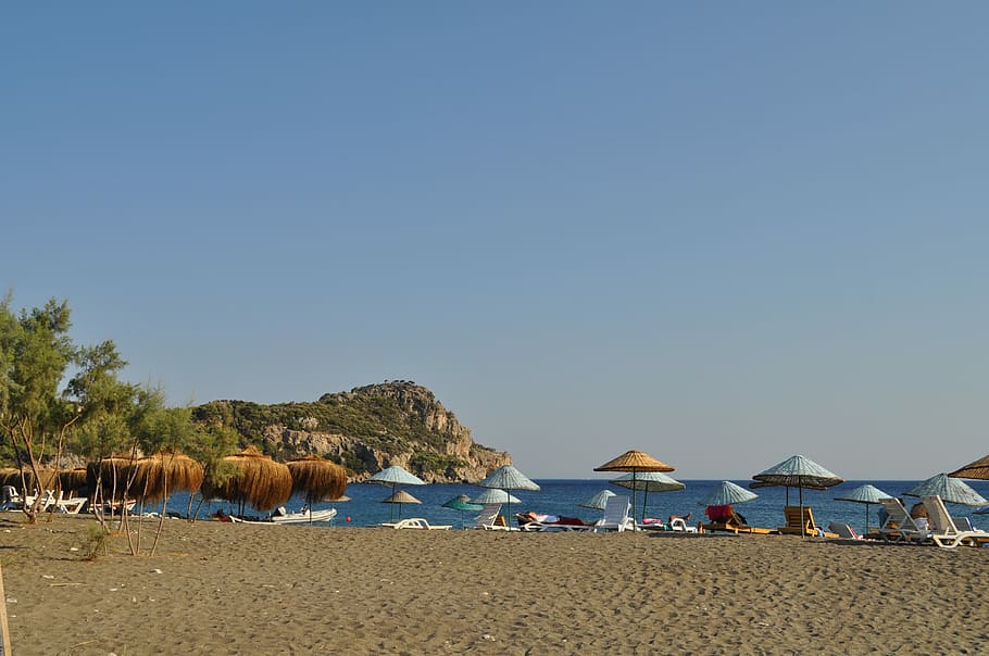 datca, platja, gall dindi, temes d'animals, sorra, animal, cel, gran grup d’animals, terra, aigua, mar, escenics - natura, cel clar, bellesa a la natura, tranquil·litat, naturalesa, blau, escena tranquil·la, dia, còpia espai, paraigua, festa, paraigua de platja, horitzó sobre l’aigua, cap gent, a l'aire lliure, 4K