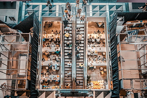high-angle photo, people, riding, escalator, architecture, building, structure, aerial, view, restaurant, eating, shopping, mall, high angle view, day, choice, indoors, retail, variation, built structure, store, no people, business, large group of objects, abundance, city, consumerism, retail display, 5K