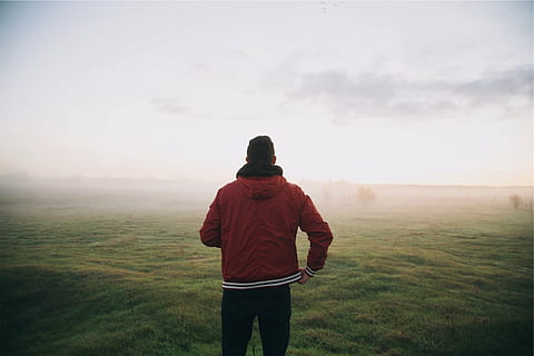 person, standing, open, field, man, red, zipped, jacket, black, pant, front, body, water, guy, hood, grass, sky, fog, people, rear view, landscape, casual clothing, one man only, only men, one person, nature, adults only, real people, beauty in nature, land, environment, scenics - nature, three quarter length, men, leisure activity, lifestyles, non-urban scene, tranquility, outdoors, hood - clothing, 1080P, CC0, public domain, royalty free