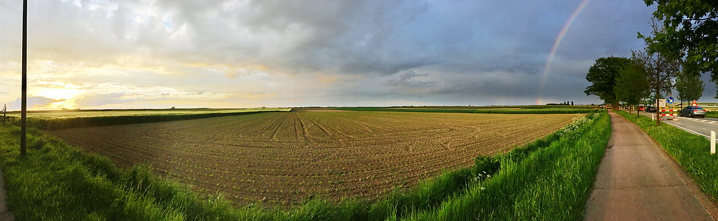 sateenkaari, pano, ilta, maatalous, maisema, ympäristö, taivas, maaseudulla, pilvi - taivas, kasvi, maa, ala, luonto, tie, panoraama, maisemat - luonto, maatila, puu, sato, viljakasvi, ruoho, horisontti maan päällä, kauneus luonnossa, ei ihmisiä, ulkona, liikkuva maisema, 8K, CC0, public domain, rojaltivapaa