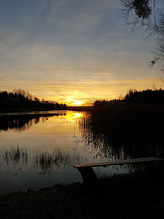 sol, innstilling, tre, landskap, farvann, lys, tåke, himmel, solnedgang, vann, ro, rolig scene, skjønnhet i naturen, naturskjønnhet - natur, innsjø, refleksjon, anlegg, silhouette, natur, sky - himmel, ikke-urbane scene, idylliske, ingen folk, utendørs, oransje farge, 4K, CC0, offentlig domene, opphavsrett gratis