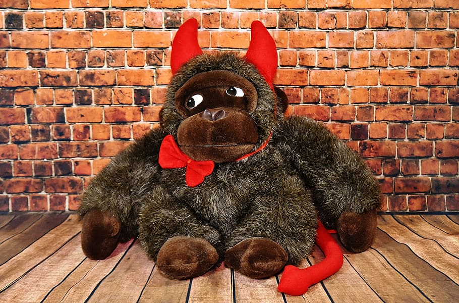 joguina suau, mico, carnaval, diable, divertit, banyes, diabòlic, animal de peluix, joguines, osset de peluix, mamífer, maó, paret de maó, paret, temes d'animals, animal, mascotes, celebració, nacional, un animal, funció de construcció de parets, animals domèstics, Nadal, vermell, retrat, cap gent, festa, a l'interior, mirant la càmera, vertebrats, 5K
