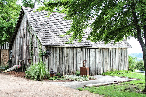 barn, farm, tree, implement, rural, farming, vintage, country, design, nature, natural, wood, green, landscape, wooden, ranch, building, architecture, built structure, plant, building exterior, wood - material, day, no people, house, green color, abandoned, agricultural building, outdoors, old, residential district, deterioration, decline, cottage, cabin, 5K, CC0, public domain, royalty free