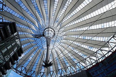 berlin, hell, germany, architecture, built structure, ceiling, low angle view, indoors, glass - material, pattern, modern, day, no people, shape, design, industry, sunlight, geometric shape, building, roof, nature, city, blue, directly below, skylight, concentric, roof beam, 5K, CC0, public domain, royalty free
