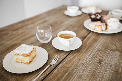 dessert, cream, cup, coffee, table, Sweet, cup of coffee, cake, snack, plate, food, breakfast, no People, indoors, wood - material, food and drink, sweet food, freshness, drink, kitchen utensil, eating utensil, refreshment, baked, ready-to-eat, meal, mug, temptation, french food, crockery, tea cup, 5K, CC0, public domain, royalty free