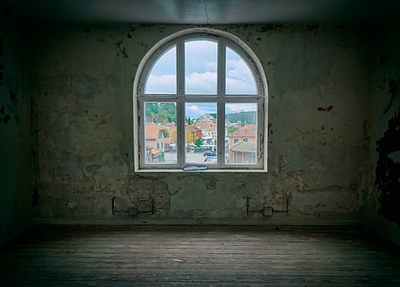 clear, glass window, inside, wood parquet floor, closed, casement window, empty, room, police, background, wallpaper, design, view, out, looking, window, history, building, town, halden, abandoned, shabby, station, old, indoors, day, architecture, no people, arch, wall - building feature, built structure, the past, glass - material, run-down, wall, damaged, decline, deterioration, ruined, 2K, CC0, public domain, royalty free