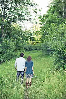 paisatge, naturalesa, home, persona, esquena, camp, parella, la llum del dia, medi ambient, flora, flors, bosc, herba, verd, camp de fenc, de la mà, fulles, prat, a l'aire lliure, gent, rural, escena, escènic, temporada, estiu, junts, unió, arbres, dona, boscos, planta, dues persones, arbre, persones reals, vista del darrere, creixement, parella - relació, homes, terra, amor, color verd, roba casual, activitat d'oci, estils de vida, dones, dia, caminar, emoció positiva, 4K, CC0, domini públic, lliure de regalies