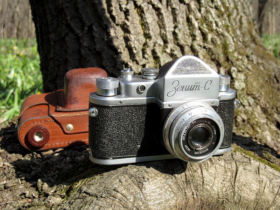 zenit, Fotoaparát, analogový, starý, retro, usr, fotoaparát - fotografické vybavení, zařízení, staromódní, retro stylu, technologie, objektiv - optický přístroj, strom, kmen stromu, kufr, Příroda, rostlina, nikdo, den, zaměřit se na popředí, Dějiny, venku, přistát, antický, minulost, fotografická témata, les, jeden objekt, stříbrné barvy, 4K