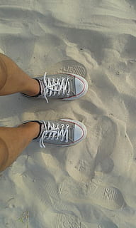 Sand, Beach, Feet, Shoes, sand, beach, young, converce, shoe, low section, human body part, one person, high angle view, human leg, body part, real people, land, lifestyles, nature, leisure activity, standing, day, personal perspective, adult, human foot, human limb, 2K, CC0, public domain, royalty free