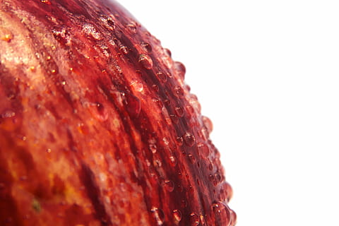 Apfel, rot, Tropfen, Makro, Essen und Trinken, Lebensmittel, ausgeschnitten, einzelnes Objekt, Nahansicht, Frische, weißer Hintergrund, gesundes Essen, drinnen, Studioaufnahme, Wohlbefinden, keine Leute, Gourmet, kopieren sie platz, Mahlzeit, Gemüse, Obst, saftig, reif, Frühstück, Versuchung, Abendessen, 5K, CC0, gemeinfrei, lizenzfrei