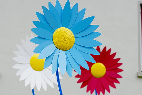 fiore, modulo, margarithe, arte, colore, multicolore, in casa, avvicinamento, giallo, nessuno, arte e artigianato, creatività, natura morta, girato in studio, mestiere, giocattolo a girandola, carta, sfondo bianco, scelta, variazione, pianta fiorita, design, blu, grande gruppo di oggetti, testa di fiore, 4K, CC0, dominio pubblico, privo di copyright
