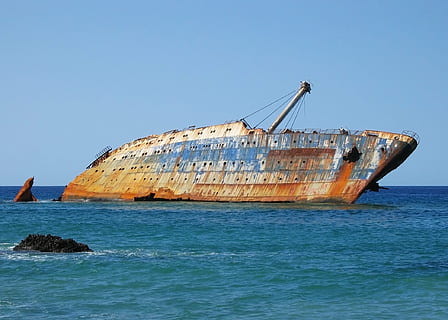 brown, white, ship, sink, daytime, canary islands, shipwreck, wrecked, salvage, sky, clouds, sea, ocean, water, listing, hulk, nature, outside, nautical Vessel, transportation, wreck, industrial Ship, shipping, freight Transportation, mode of Transport, clear sky, beach, blue, day, mode of transportation, land, outdoors, rusty, no people, abandoned, horizon over water, ruined, sinking, deterioration, sailboat, 1080P, CC0, public domain, royalty free