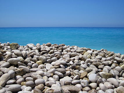 stack, gray, stones, wide, ocean, daytime, abstract, background, beach, blue, coast, nature, pebble, rock, round, sea, shore, smooth, stone, texture, water, wet, pebbles, horizon over water, clear sky, horizon, land, tranquility, scenics - nature, beauty in nature, sky, tranquil scene, solid, day, no people, rock - object, outdoors, turquoise colored, 4K, CC0, public domain, royalty free