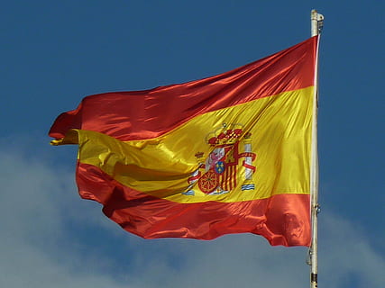 spain, flag, sky, flutter, symbol, national colours, patriotism, wind, environment, red, nature, pride, low angle view, waving, no people, blue, day, multi colored, emotion, outdoors, textile, pole, national icon, 4K, CC0, public domain, royalty free