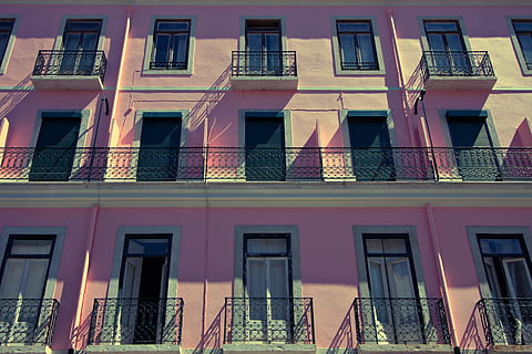 wide-angle shot, pink-coloured building, Wide-angle, shot, pink, coloured, building, Lisbon, Portugal, architecture, window, facade, building Exterior, balcony, apartment, built Structure, house, urban Scene, outdoors, no People, residential Building, residential District, city, day, glass - material, full frame, low angle view, reflection, side by side, in a row, nature, entrance, glass, railing, 4K, CC0, public domain, royalty free