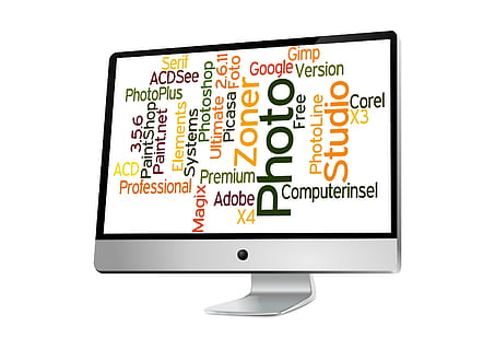 pagriezās, alumīnija imac, monitoru, vārdi, ekrānā, attēlu rediģēšana, attēlu rediģēšanas programmas, programmām, programmatūra, gimp, Photoshop, korels, acdsee, google, maģija, tehnoloģijas, Bizness, dators, komunikāciju, studija, rietumu skripts, balts fons, tekstu, ierīces ekrāns, nav cilvēku, bezvadu tehnoloģija, izgriezt, telpās, savienojumu, datortehnika, internetā, tuvplāns, melna krāsa, balta krāsa, datora monitors, elektriskais aprīkojums, globālās komunikācijas, 2K, CC0, publiskais domēns, bez atlīdzības