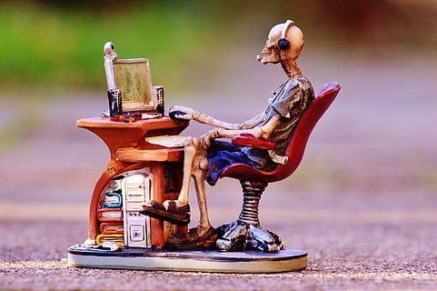 skeleton, sitting, front, desk, ceramic, figurine, computer, addiction, help, computer searches, internet addiction, self help, selbsthilfegruppe, office, monitor, screen, pc, focus on foreground, day, no people, nature, single object, transportation, outdoors, toy, close-up, wood - material, side view, art and craft, mode of transportation, antique, craft, representation, 4K, CC0, public domain, royalty free