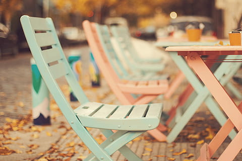 pink, teal, wooden, folding, table, chairs, set, folding table, chair, outdoors, wood - Material, summer, no People, cafe, focus on foreground, day, seat, empty, absence, business, restaurant, close-up, selective focus, food and drink, still life, in a row, nature, coffee shop, setting, 1080P, CC0, public domain, royalty free