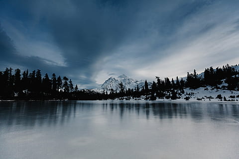 clouds, cold, lake, landscape, mountain, nature, scenic, sky, snow, trees, water, winter, forest, scenics, outdoors, tree, scenics - nature, tranquility, tranquil scene, cloud - sky, reflection, beauty in nature, no people, cold temperature, plant, environment, pine tree, reflection lake, snowcapped mountain, coniferous tree, 5K