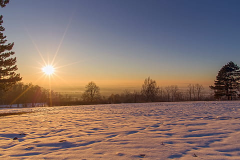 Sunset, Snow, Winter, Sky, Landscape, sky, landscape, cold temperature, nature, tranquil scene, beauty in nature, sun, tree, scenics - nature, covering, tranquility, sunlight, environment, plant, field, frozen, no people, lens flare, outdoors, bright, 5K, CC0, public domain, royalty free