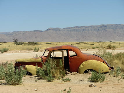 Namibia, viejo contador de tiempo, auto, oxidado, vehículo, Desierto, abandonado, día, agua, destrucción, al aire libre, nadie, cielo, cielo limpio, naturaleza, tierra, ambiente, montaña, paisaje, campo, transporte, antiguo, modo de transporte, paisajes - naturaleza, obsoleto, remoto, luz del sol, escena no urbana, vehículo terrestre, clima árido, 4K, CC0, dominio público, libre de derechos