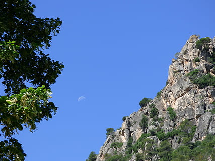 montanha, rochas, céu, lua, dia da lua, árvore, plantar, céu limpo, visão de baixo ângulo, natureza, azul, Rocha, beleza na natureza, sólido, ninguém, rock - objeto, dia, scenics - natureza, ao ar livre, crescimento, tranquilidade, copie o espaço, formação, 4K, CC0, domínio público, royalty free
