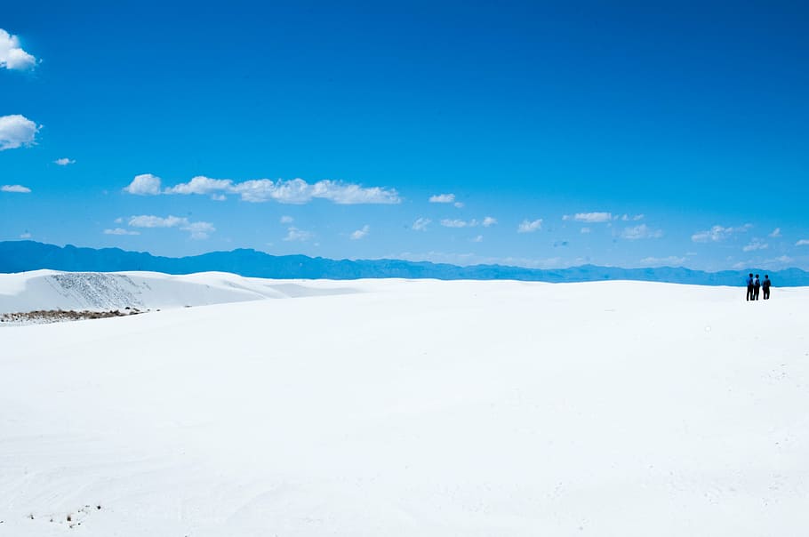 tres, gent, de peu, camp de gel, blanc, vora del mar, blau, cel, sol, núvols, paisatge, naturalesa, neu, fred, hivern, a l'aire lliure, bellesa a la natura, escenics, Color blanc, mar, escena tranquil·la, platja, tranquil·litat, temperatura de fred, escenics - natura, medi ambient, terra, muntanya, núvol - cel, escena no urbana, dia, còpia espai, sal plana, 4K