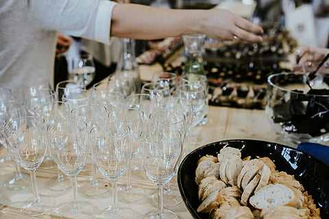 buffet, food, Elegant, bread, glasses, snack, plates, dish, fancy, stylish, cooking, gourmet, restaurant, meal, dinner, seafood, crockery, food and drink, indoors, human hand, people, one person, freshness, hand, preparation, real people, human body part, holding, wellbeing, household equipment, arrangement, domestic room, table, healthy eating, midsection, choice, glass, preparing food, 5K