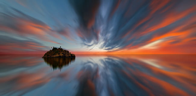 sunset, sky, waters, panorama, evening, color, dusk, water, ocean, mood, abendstimmung, bright, bright colours, lighting, clouds, island, mirroring, scenics - nature, reflection, tranquility, beauty in nature, orange color, sea, tranquil scene, nature, cloud - sky, no people, idyllic, long exposure, dramatic sky, horizon over water, horizon, romantic sky, 4K