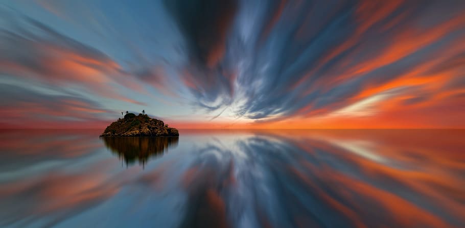 sunset, sky, waters, panorama, evening, color, dusk, water, ocean, mood, abendstimmung, bright, bright colours, lighting, clouds, island, mirroring, scenics - nature, reflection, tranquility, beauty in nature, orange color, sea, tranquil scene, nature, cloud - sky, no people, idyllic, long exposure, dramatic sky, horizon over water, horizon, romantic sky, 4K