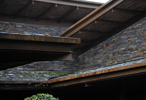 rain, cornice, eave, architecture, roof, built structure, low angle view, no people, connection, day, bridge, bridge - man made structure, outdoors, nature, brick, wood - material, history, the past, weathered, brick wall, development, wall, multiple lane highway, 2K, CC0, public domain, royalty free