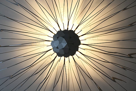 closeup, photography, black, sunburst metal decor, pattern, lamp, light, wire, art, design, interior, white, indoors, decoration, textured, realistic, glow, gray, abstraction, repeat, artistic, sky, sunset, low angle view, no people, nature, outdoors, geometric shape, directly below, circle, sunlight, shape, architecture, built structure, day, parasol, lighting equipment, beauty in nature, close-up, concentric, 4K, CC0, public domain, royalty free