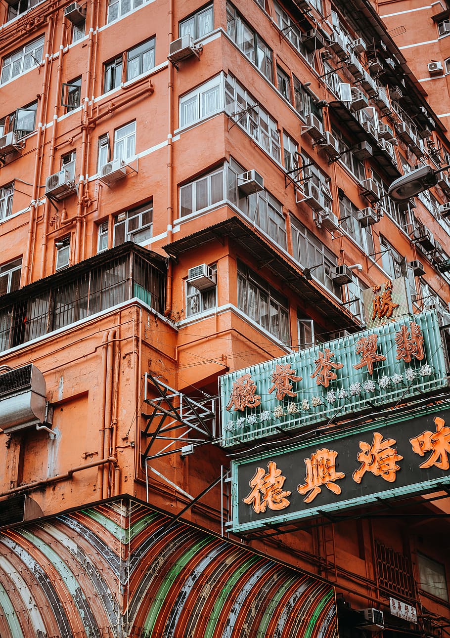 oranžový, text, Černá, pozadí značení, vedle, stavební konstrukce, hnědý, budova, ac jednotky, barvy, Hongkong, architektura, exteriér budovy, stavba, městské scény, byt, okno, město, balkón, fasáda, venku, nízký úhel pohledu, den, nikdo, celý rám, rezidenční čtvrti, vzor, pozadí, Dějiny, minulost, nástěnný prvek, 4K