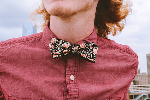 closeup, photography, person, wearing, floral, bowtie, red, dress shirt, pink, collared, top, bow, Clad, Stache, bow Tie, men, males, fashion, elegance, people, caucasian Ethnicity, adult, one Person, redhead, adults only, headshot, one woman only, real people, women, lifestyles, leisure activity, day, front view, pink color, close-up, sky, hairstyle, portrait, midsection, casual clothing, nature, hair, outdoors, floral pattern, 5K, CC0, public domain, royalty free